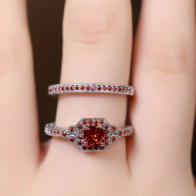 Luxury Alloy Stacking Rings Set, Elegant Halo Design, Red Color | Paved Shining Synthetic Zirconia, Fashionable Women Ring | Wedding Jewelry Gift
