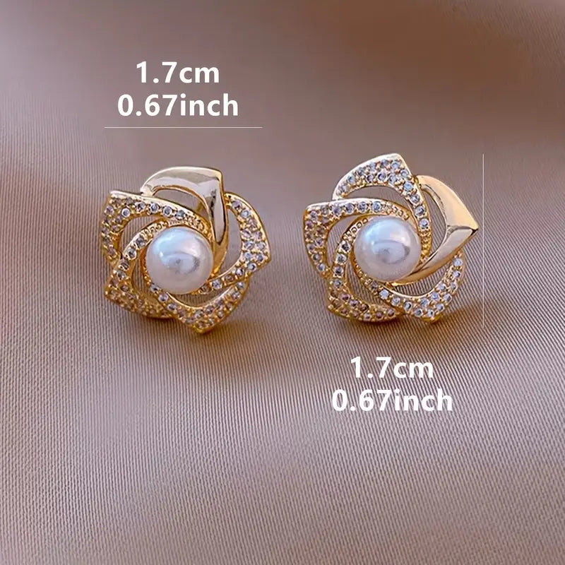 1 Pair Elegant Floral Design Stud Earrings for Women | Imitation Pearl, Versatile for Daily Wear & Parties | Zinc Alloy, Perfect for Spring Festival