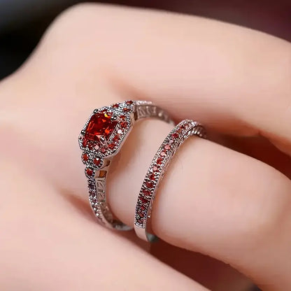Luxury Alloy Stacking Rings Set, Elegant Halo Design, Red Color | Paved Shining Synthetic Zirconia, Fashionable Women Ring | Wedding Jewelry Gift