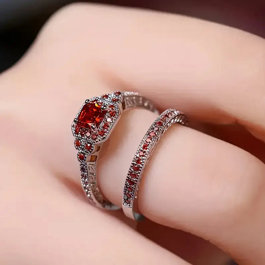 Luxury Alloy Stacking Rings Set, Elegant Halo Design, Red Color | Paved Shining Synthetic Zirconia, Fashionable Women Ring | Wedding Jewelry Gift