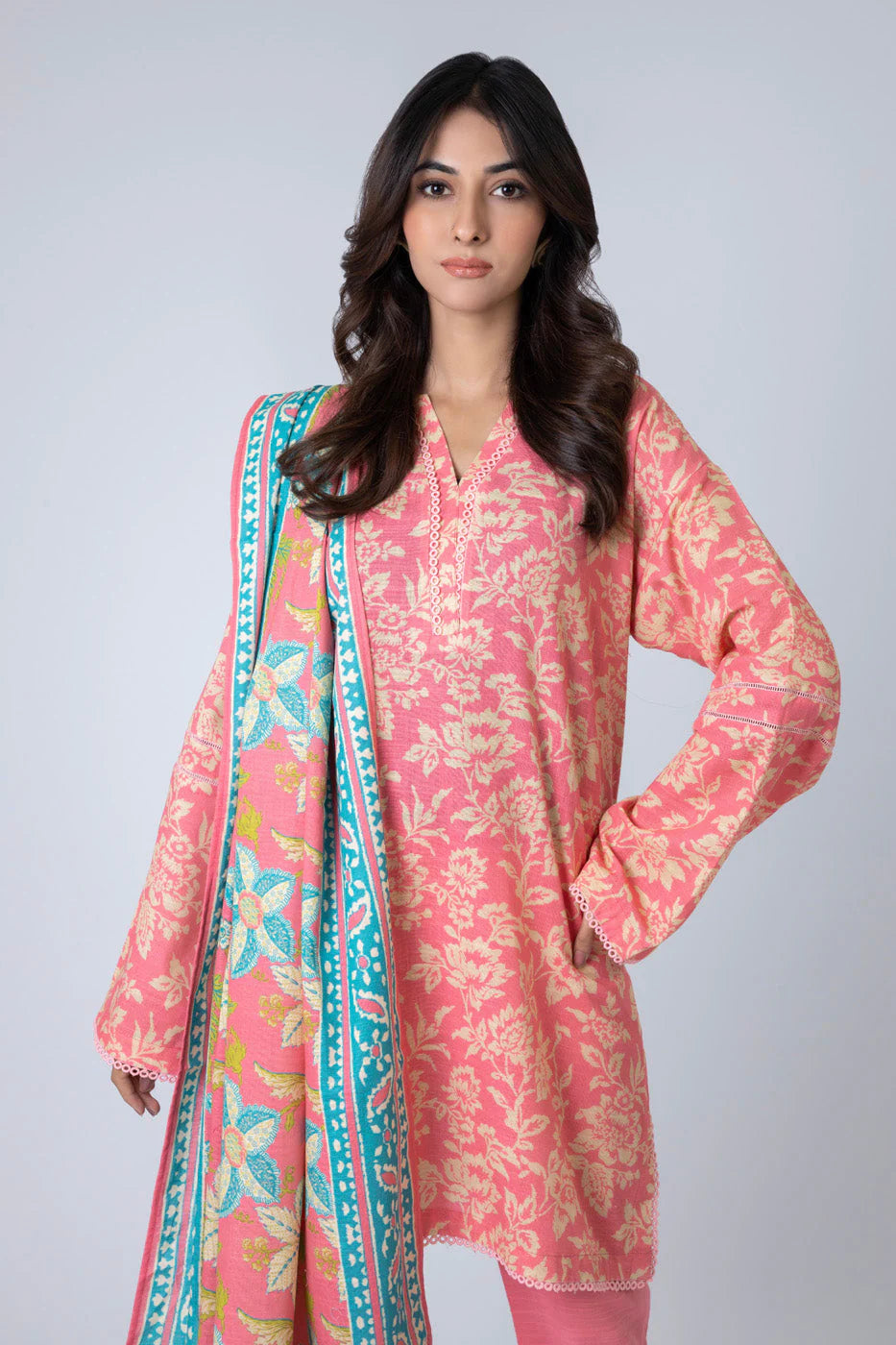 Alkaram Printed Khader 3 Piece Suit | Light Pink, Winter Collection, Available In Sales - Mux E Mart