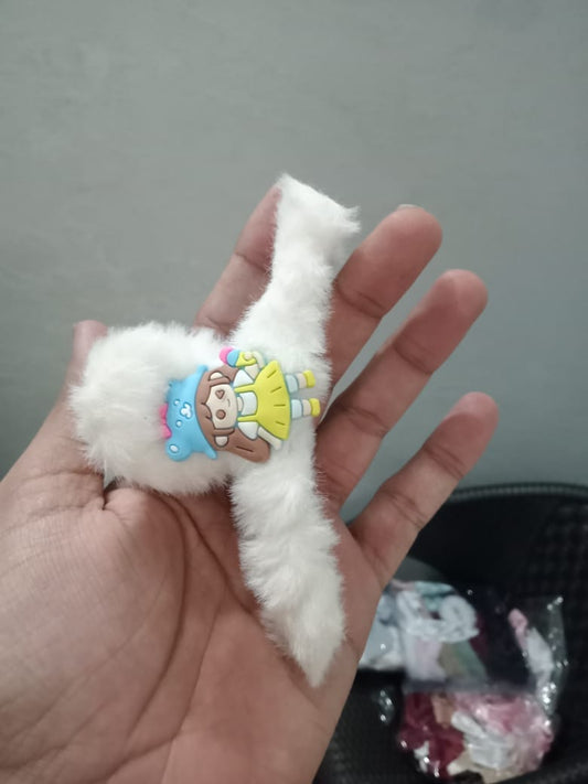 White Fluffy Hair Catcher – Cute Cartoon Design – Strong Grip Hair Clip for Girls - Mux E Mart