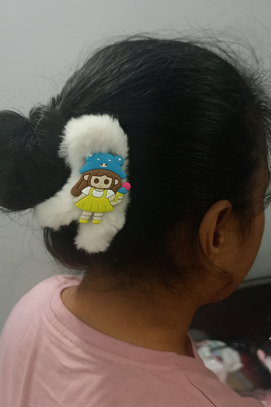 White Fluffy Hair Catcher – Cute Cartoon Design – Strong Grip Hair Clip for Girls - Mux E Mart