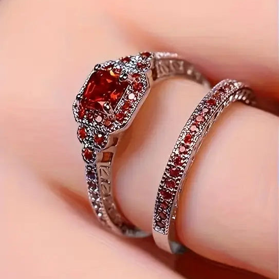 Luxury Alloy Stacking Rings Set, Elegant Halo Design, Red Color | Paved Shining Synthetic Zirconia, Fashionable Women Ring | Wedding Jewelry Gift