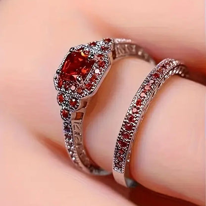 Luxury Alloy Stacking Rings Set, Elegant Halo Design, Red Color | Paved Shining Synthetic Zirconia, Fashionable Women Ring | Wedding Jewelry Gift